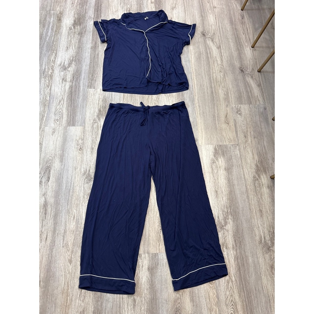 Nordstrom Moonlight Eco Pajamas Set Navy Blue White Piping Short Sleeve XL - Picture 2 of 13